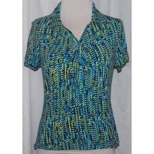 Women's Isisport Blue/Green Geometric Pattern Short Sleeve Stretch Top Size M